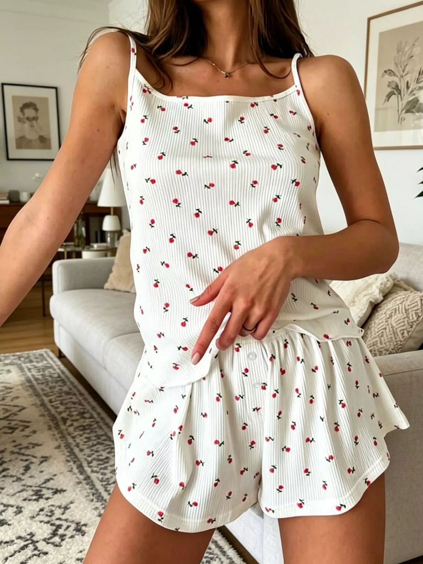 Floral Print Ribbed Knit Cami and Shorts Lounge Set