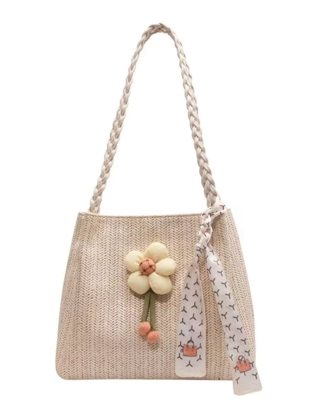 Floral Decor Woven Straw Tote Bag