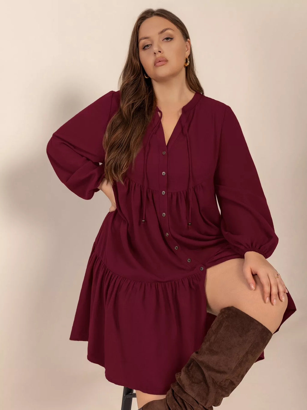 Plus Size Button Front Balloon Sleeve Dress