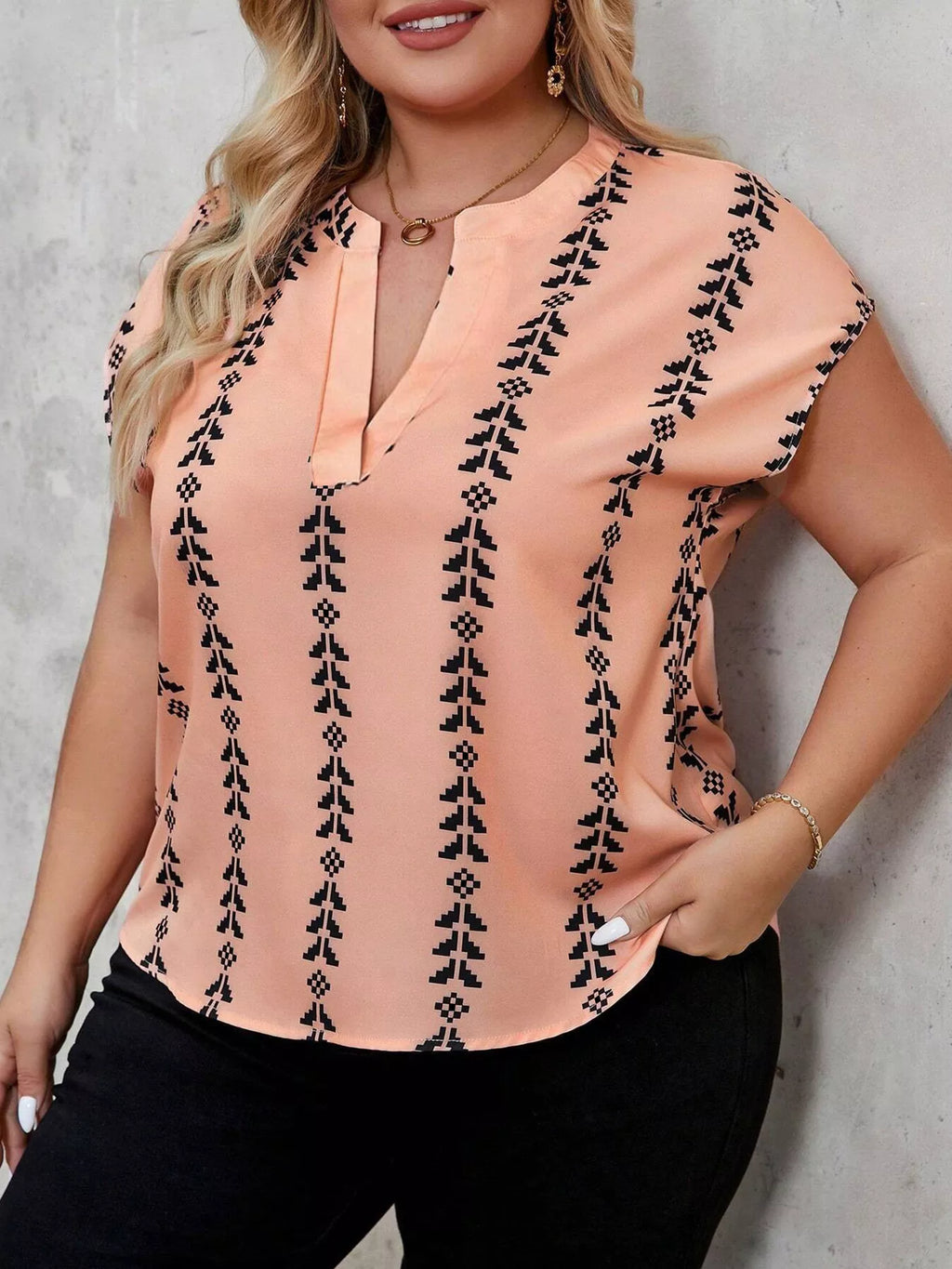 Plus Size Notched Short Sleeve Blouse