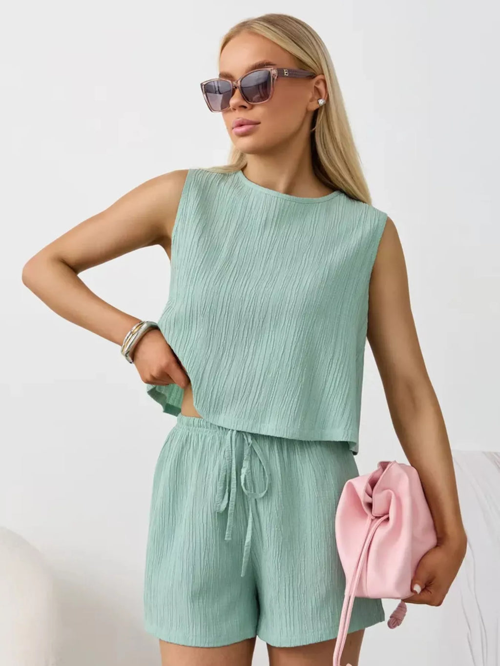 Textured Round Neck Tank and Shorts Set