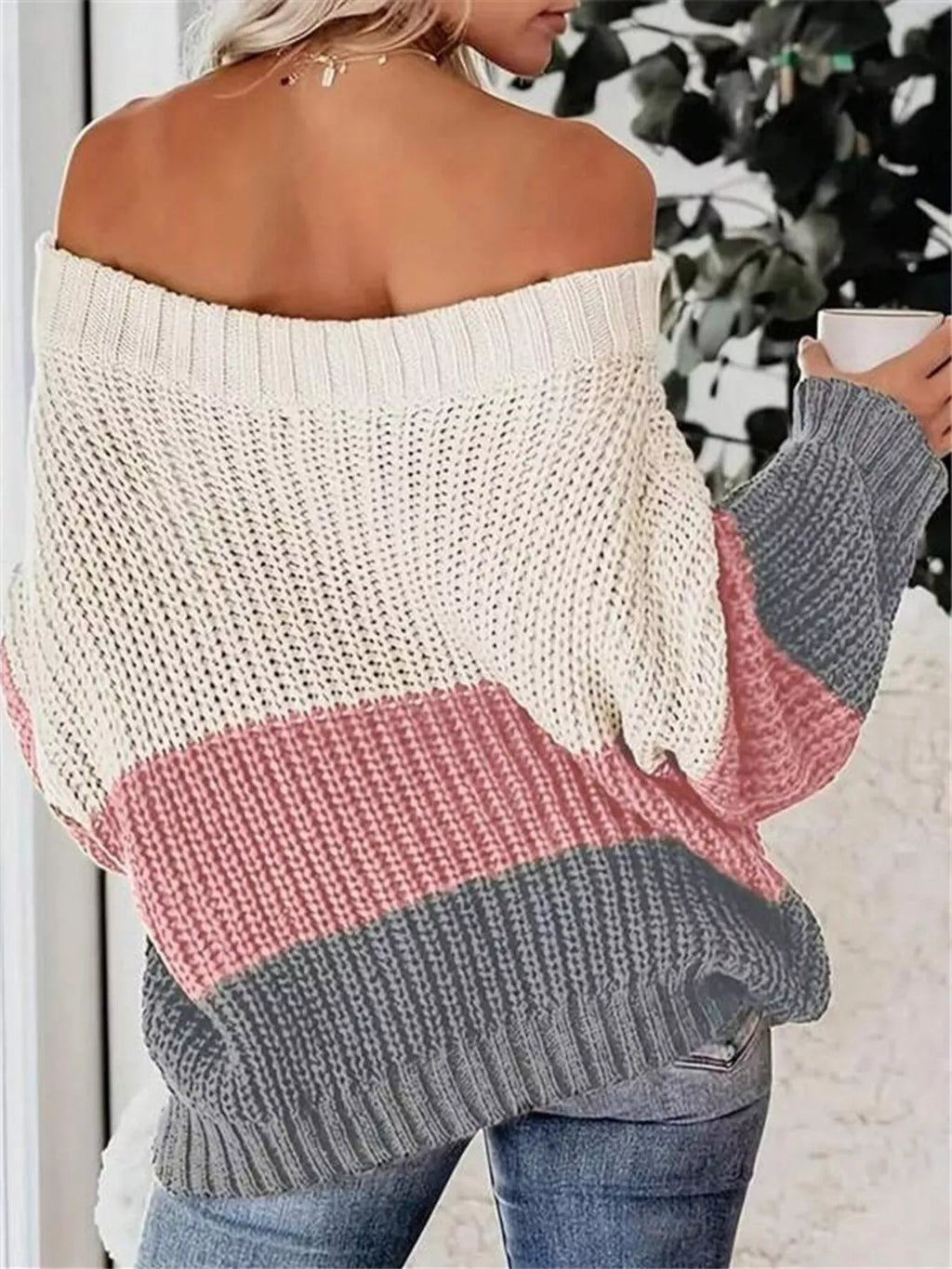 Off-Shoulder Color Block Sweater