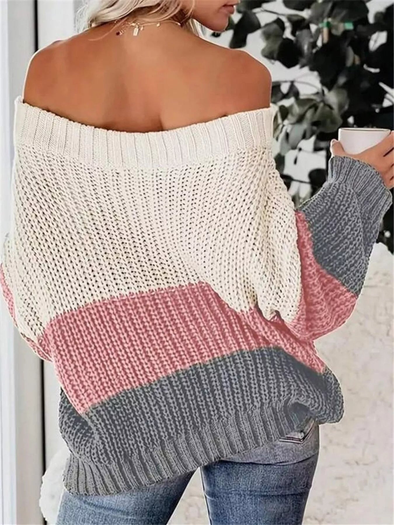 Off-Shoulder Color Block Sweater