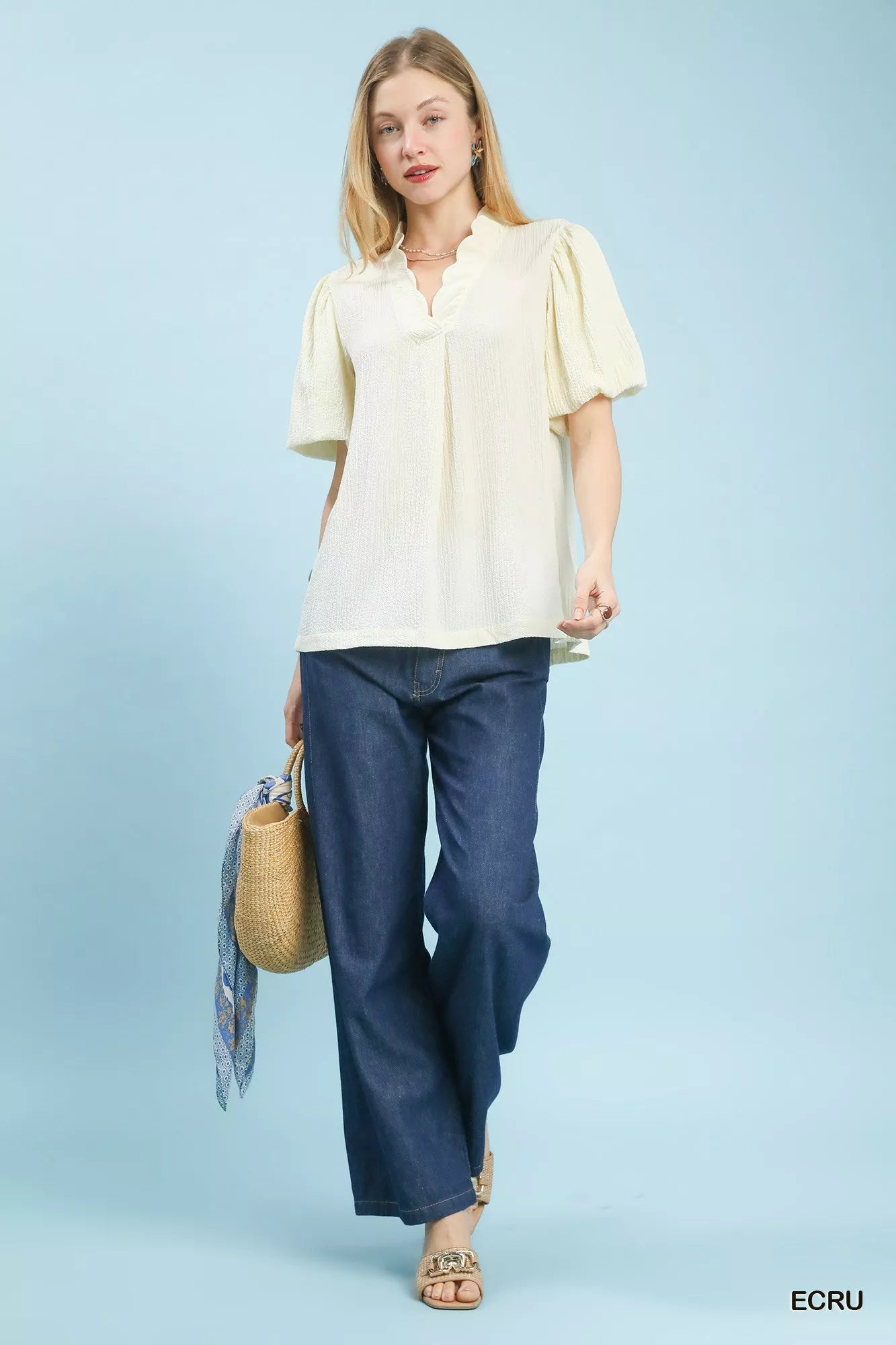 Umgee Seersucker Puff Sleeve Blouse