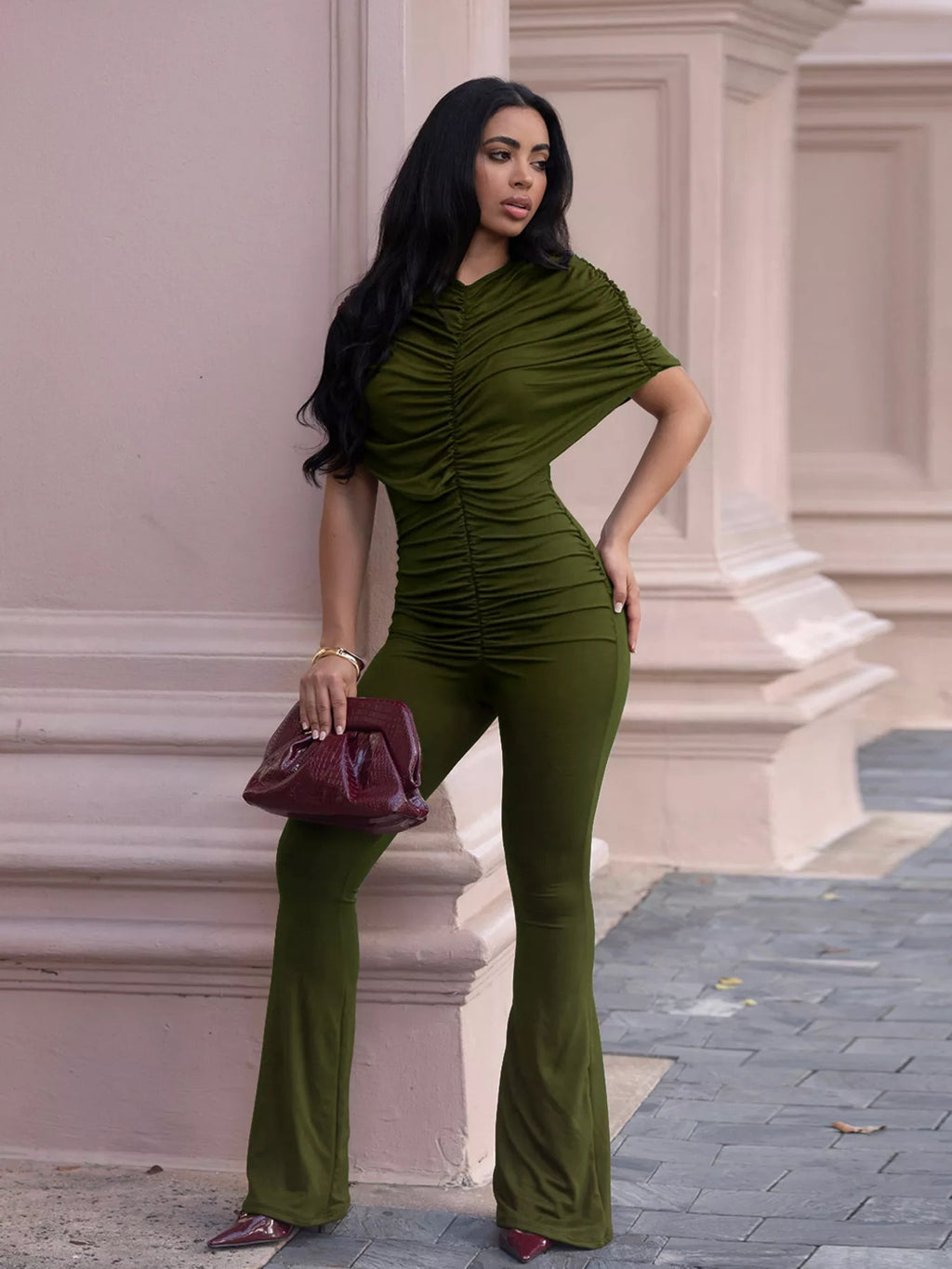 Ruched Flare Leg Jumpsuit