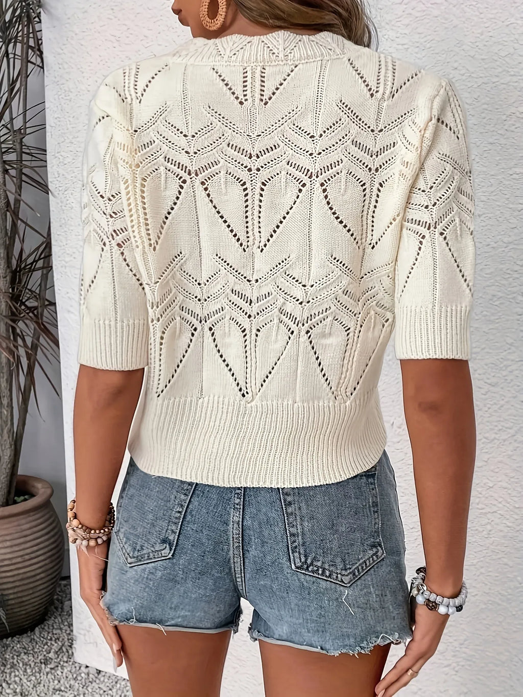 Openwork Round Neck Half Sleeve Sweater