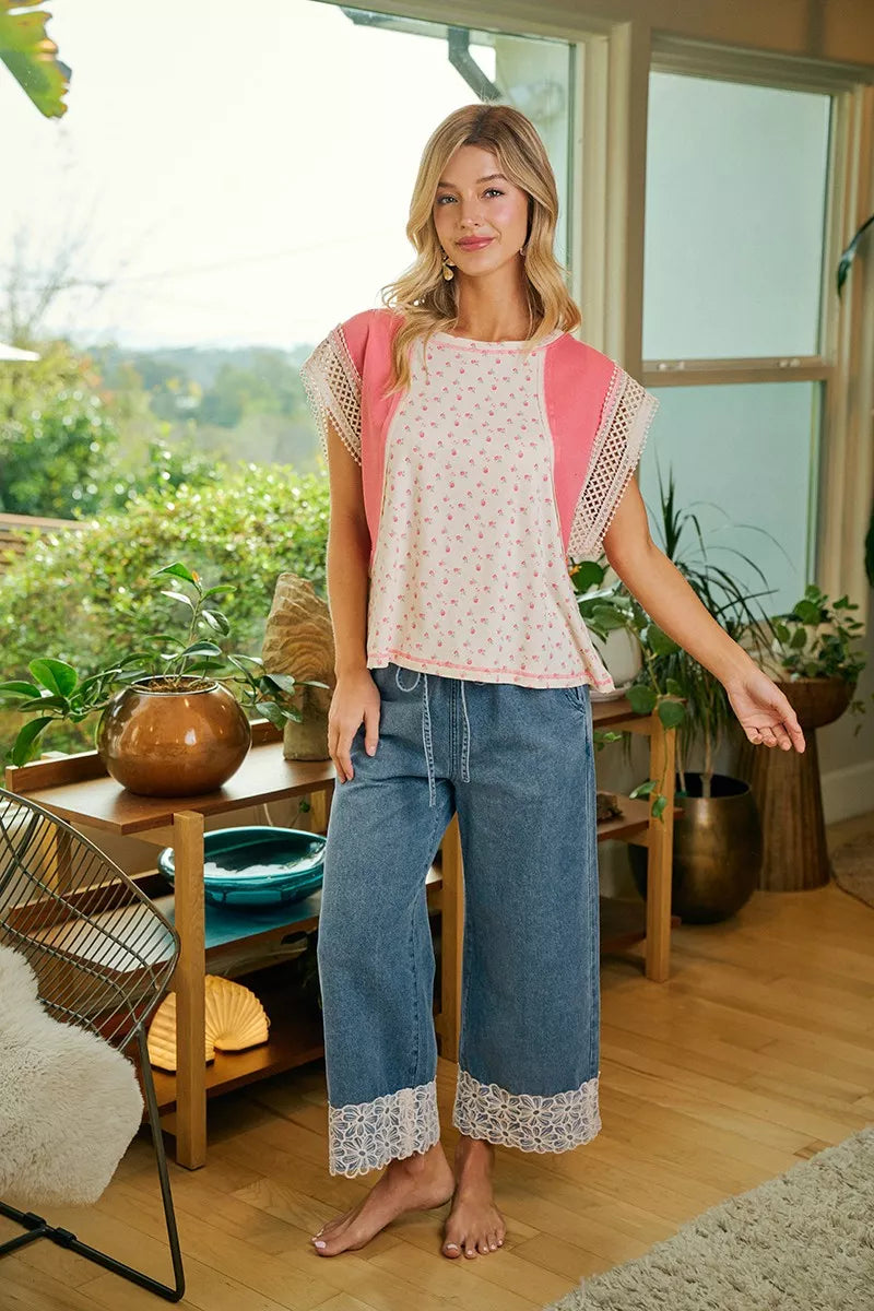 BiBi Washed Denim Waist Flower Lace Trim Pants