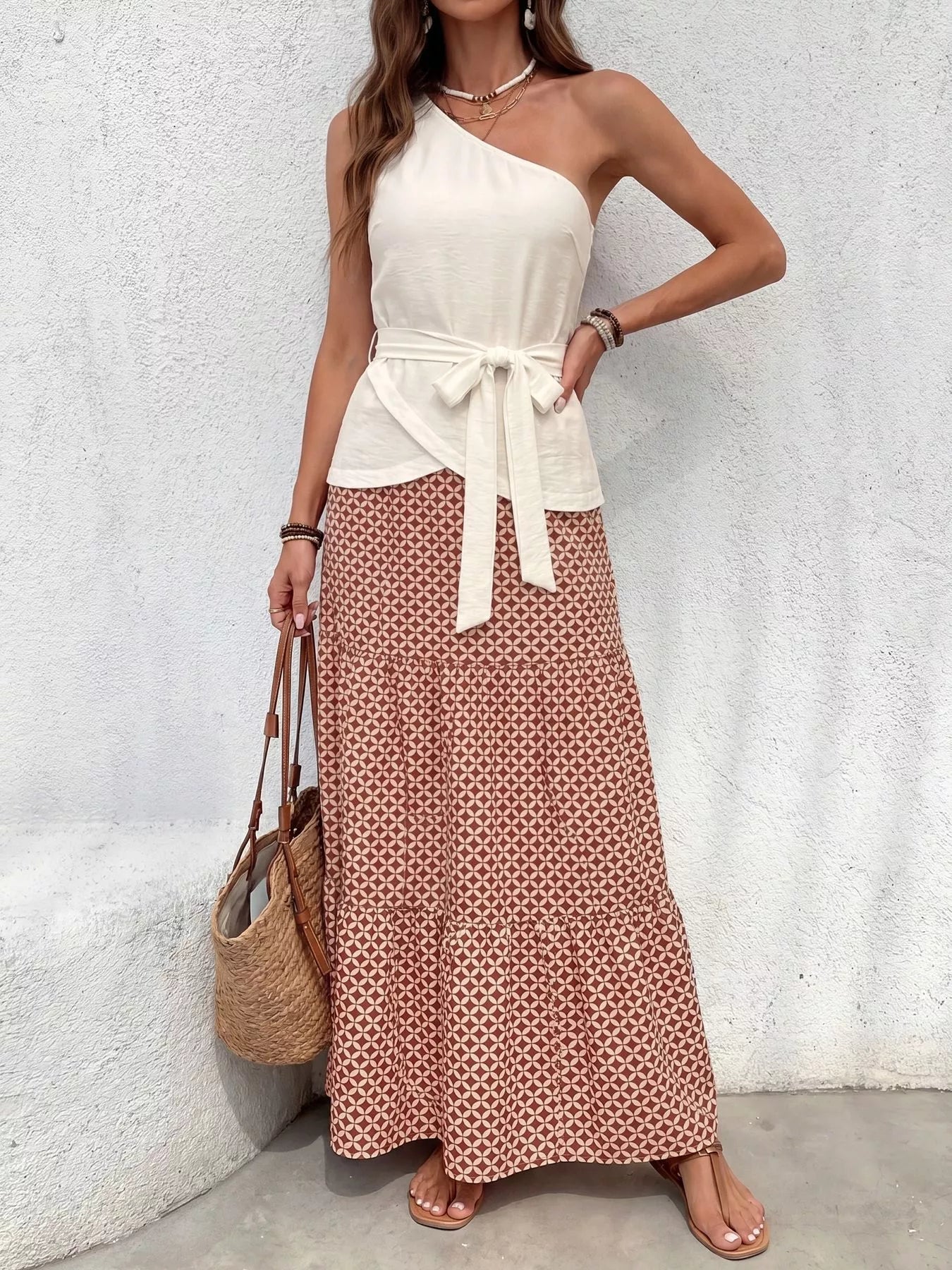 One-Shoulder Top and Geometric Print Maxi Skirt Set