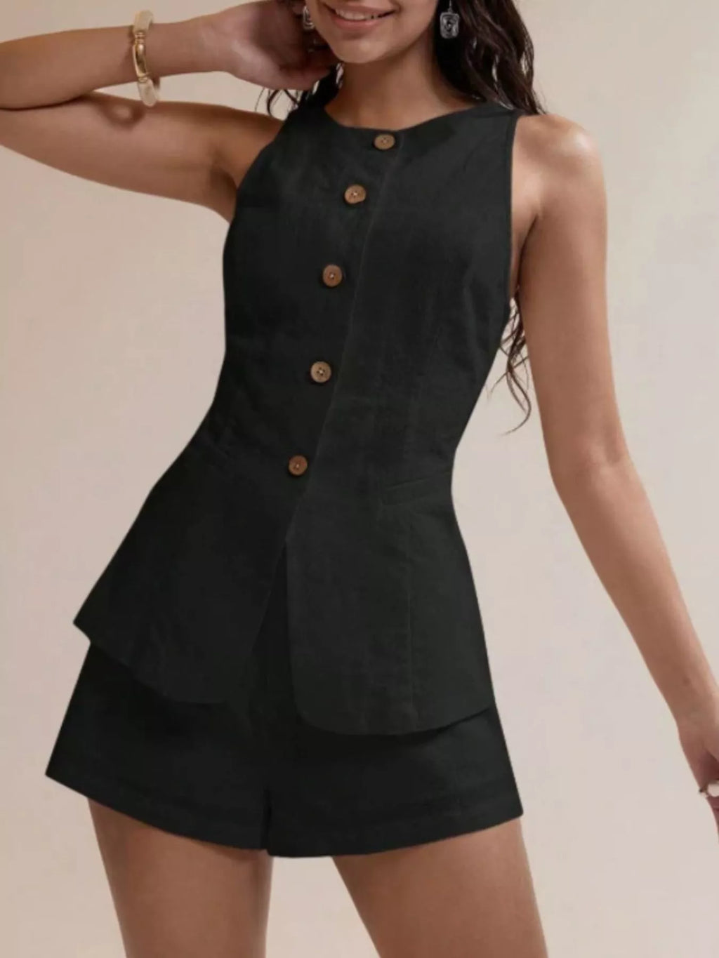 Button-Down Sleeveless Top and Shorts Set