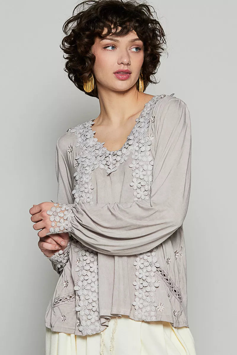POL Floral Embroidery Woven Top with Lace Trim