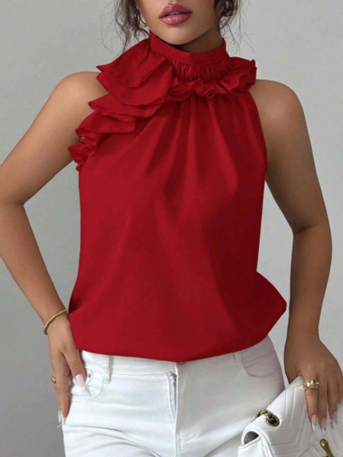 Ruffle High Neck Sleeveless Top
