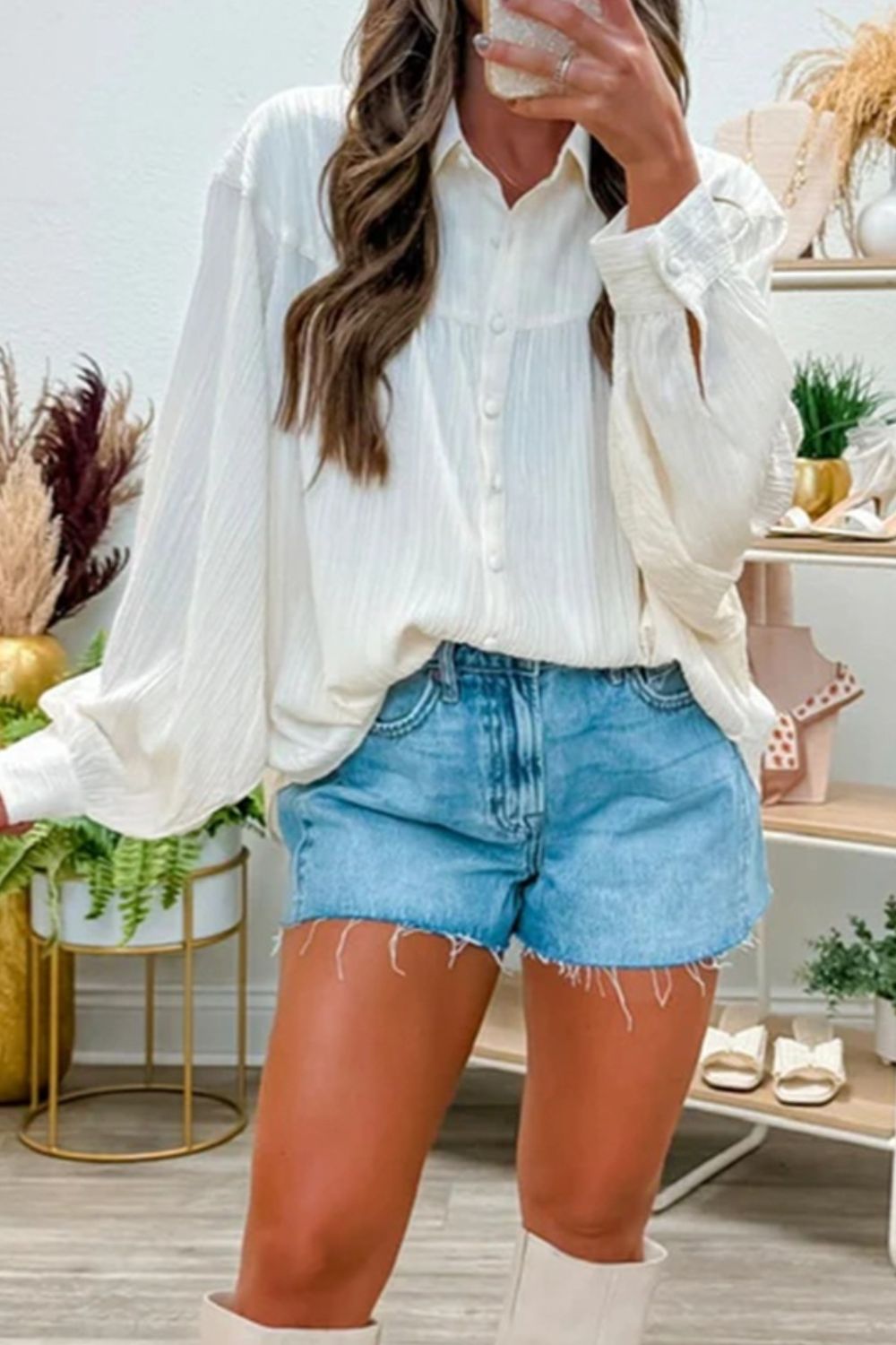 Crinkled Texture Lantern Sleeve Button Down Loose Shirt