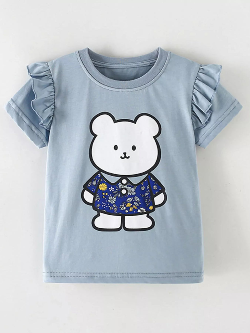 Children's Ruffled Sleeve Bear Graphic T-Shirt