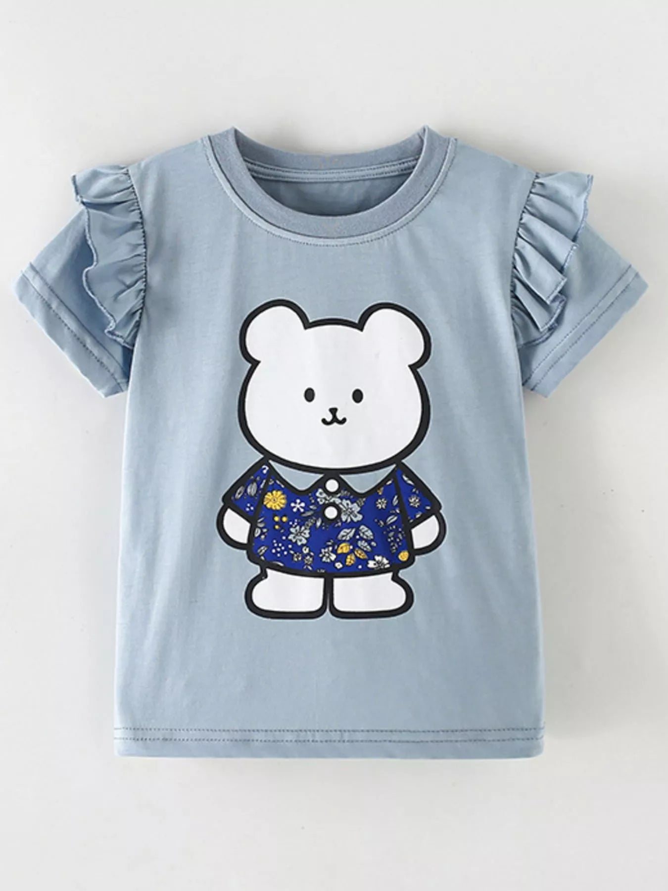 Children's Ruffled Sleeve Bear Graphic T-Shirt