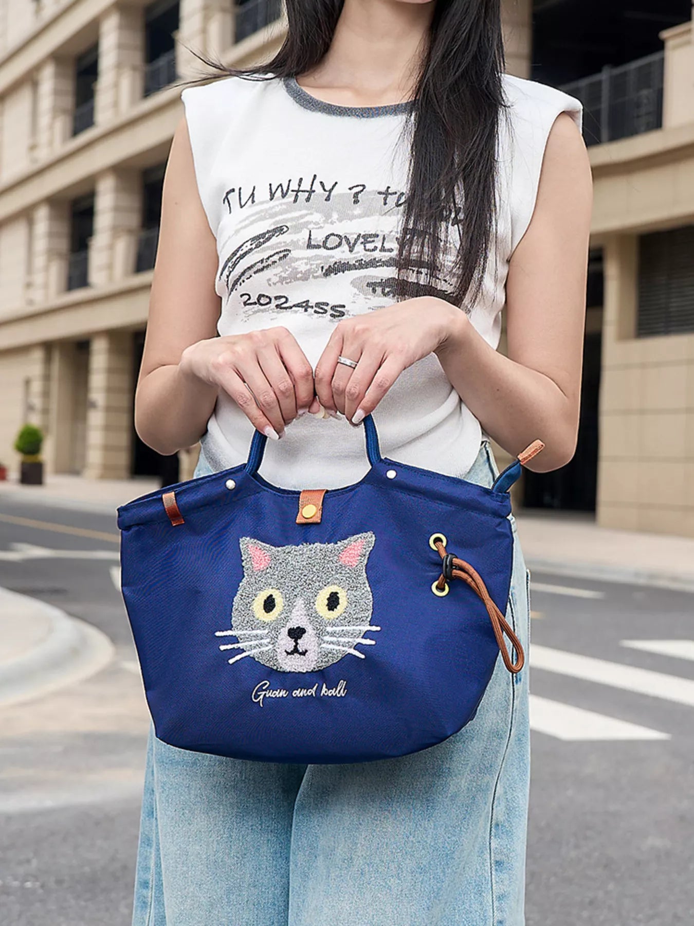 Embroidered Cat Tote Bag with Adjustable Shoulder Strap