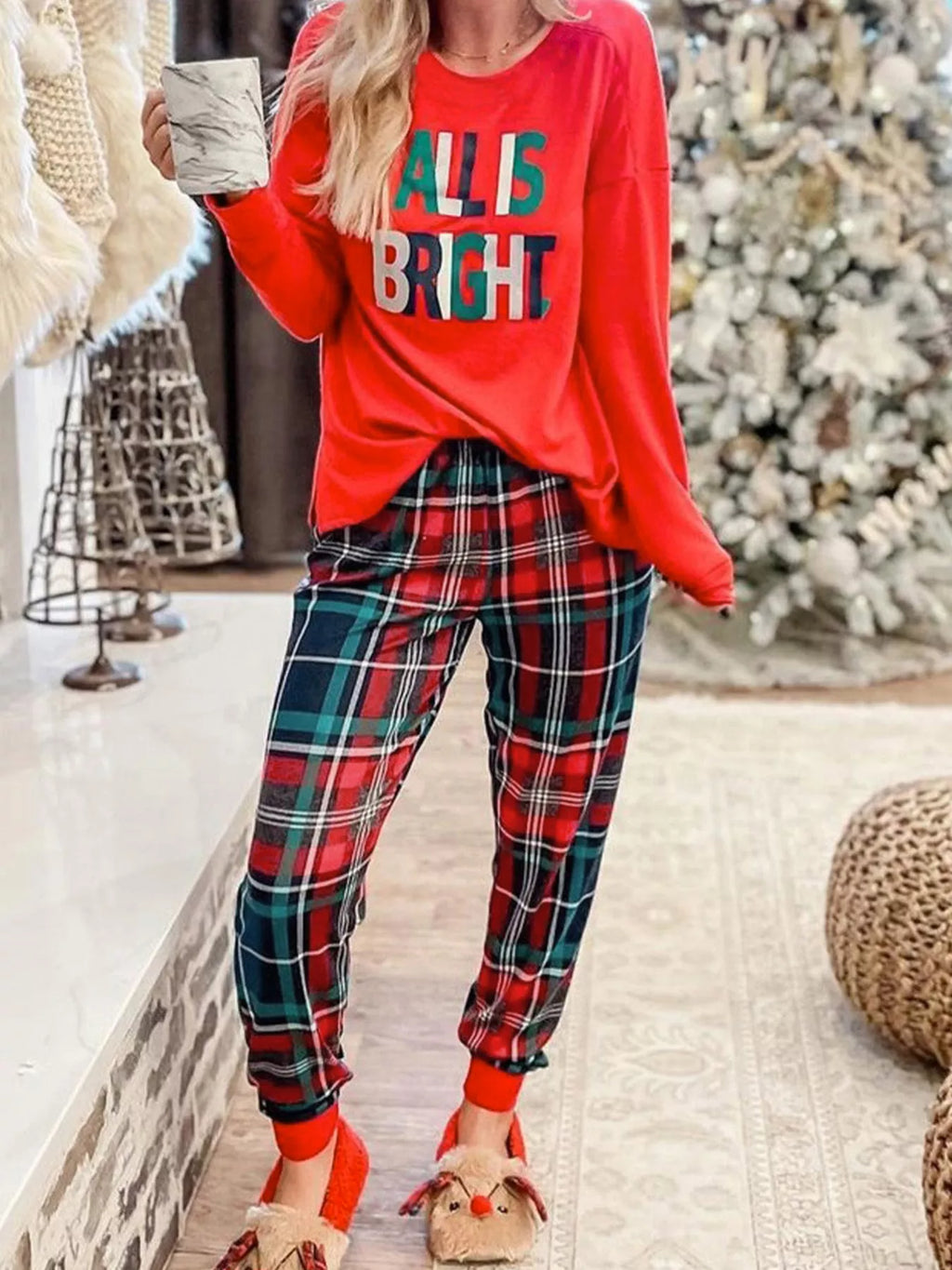 ALL IS BRIGHT Graphic Christmas Plaid Pajamas Set