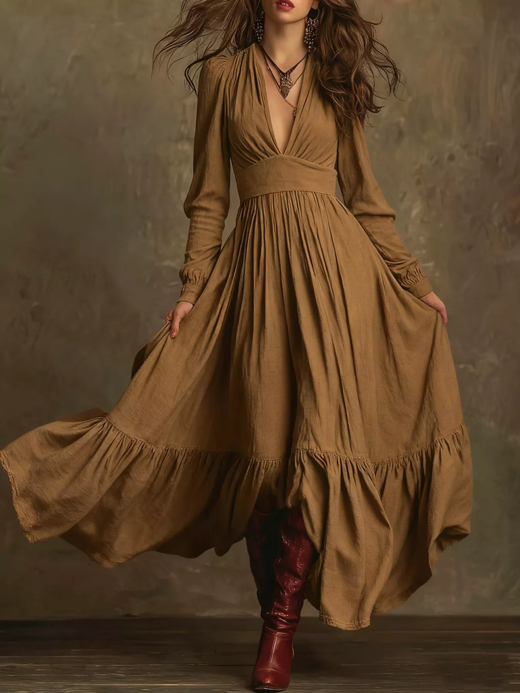 V-Neck Long Sleeve Ruffle Hem Dress