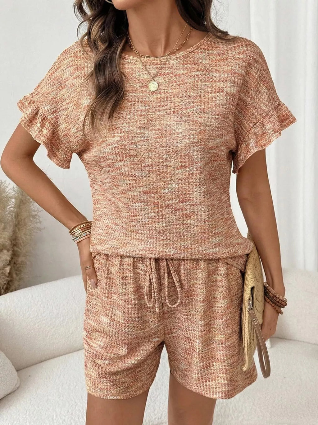 Ruffle Sleeve Textured Top and Shorts Set