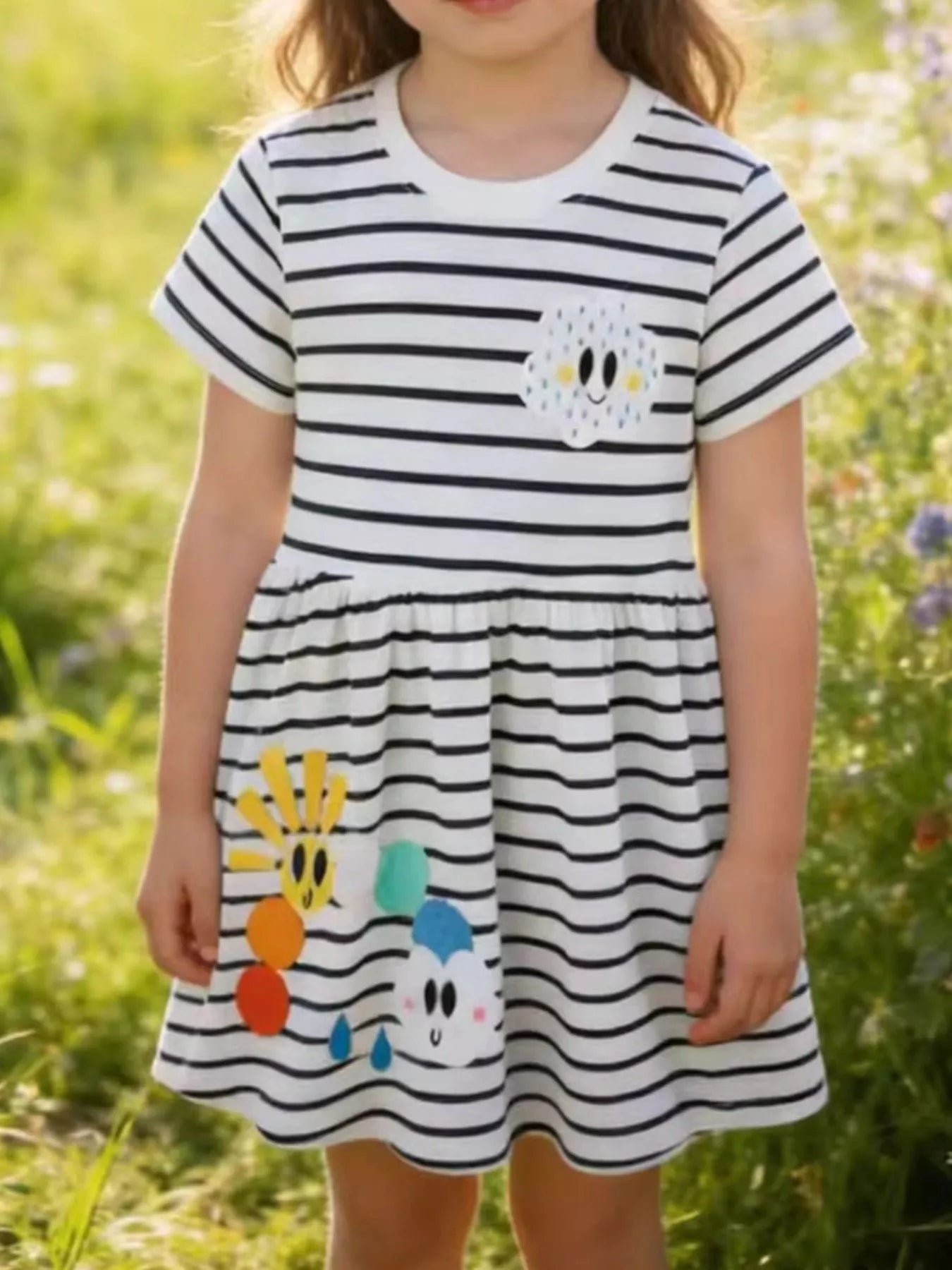 Children's Cute Appliques Striped Round Neck Dress
