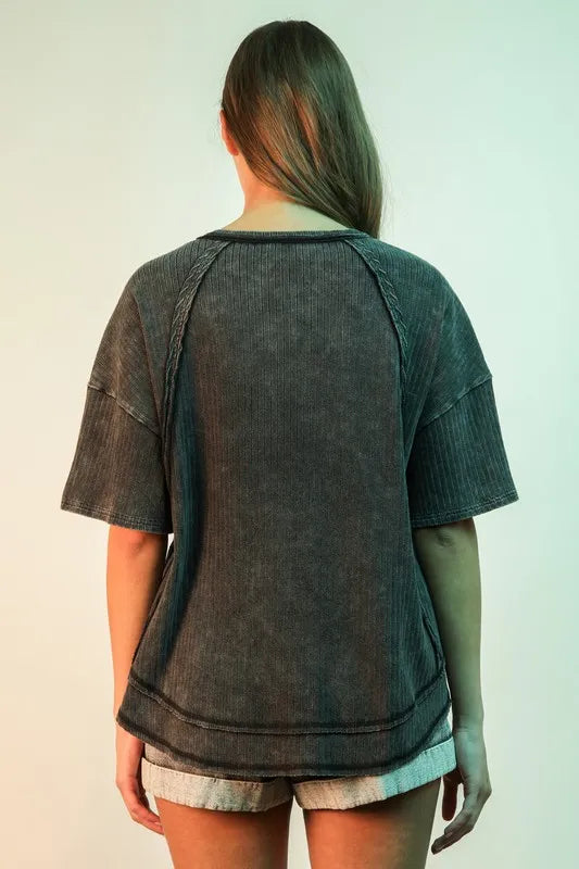 VERY J Full Size Mineral Washed Ribbed Knit Casual Top Plus Size