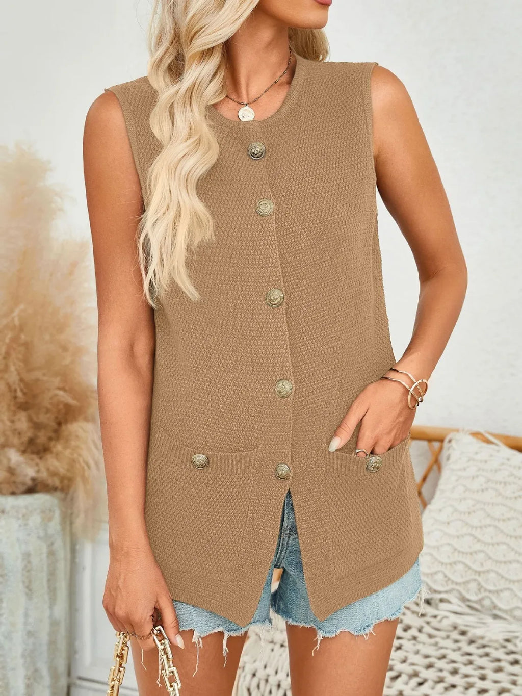 Button Down Round Neck Knit Vest