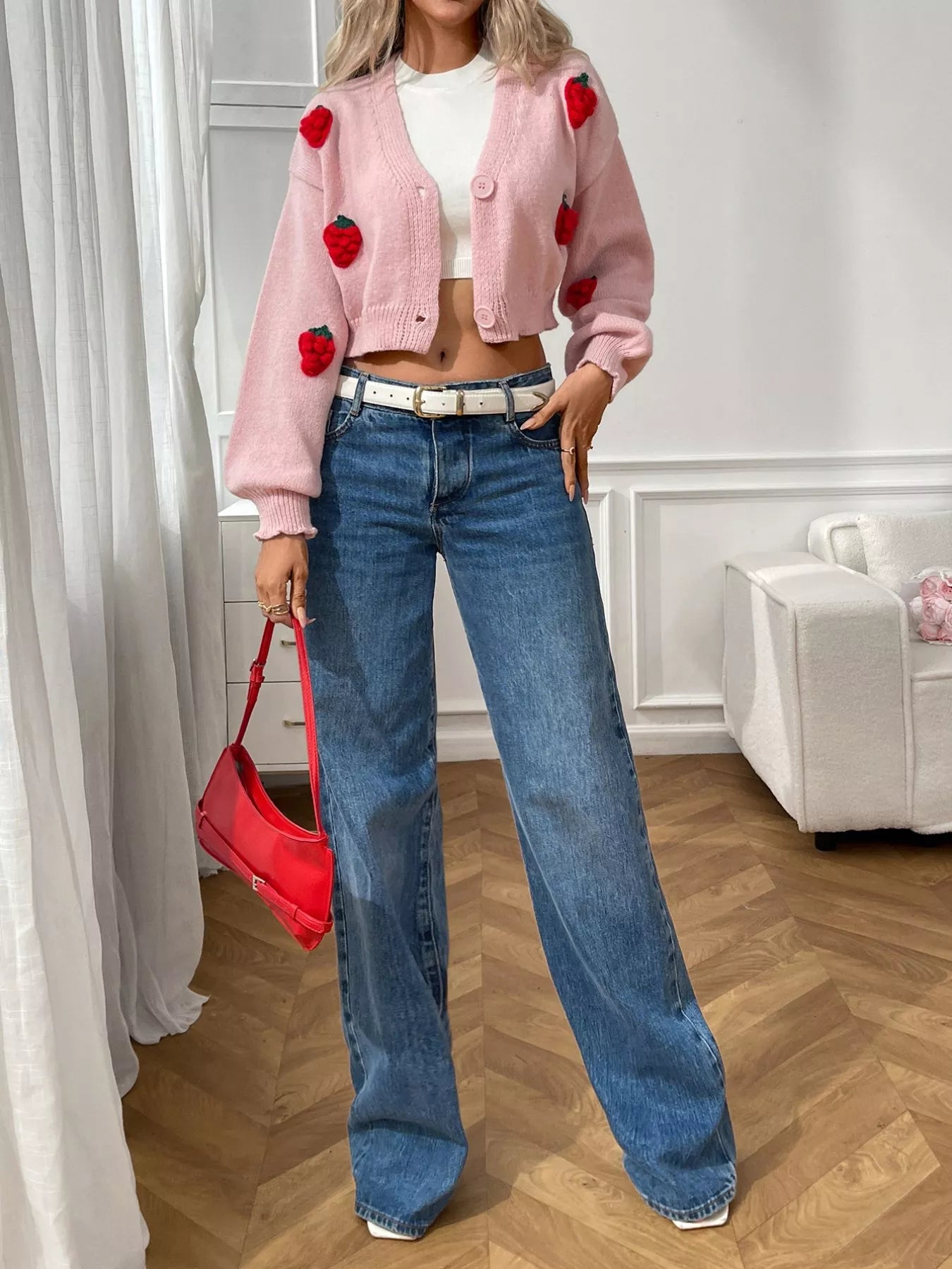 Strawberry Cropped Button-Up Cardigan