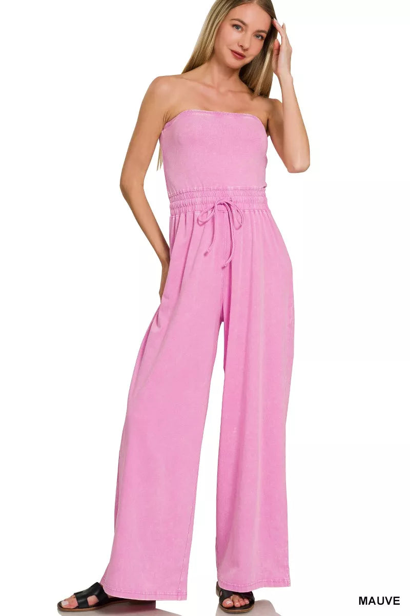 Zenana Acid Washed Strapless Tube Top Jumpsuit