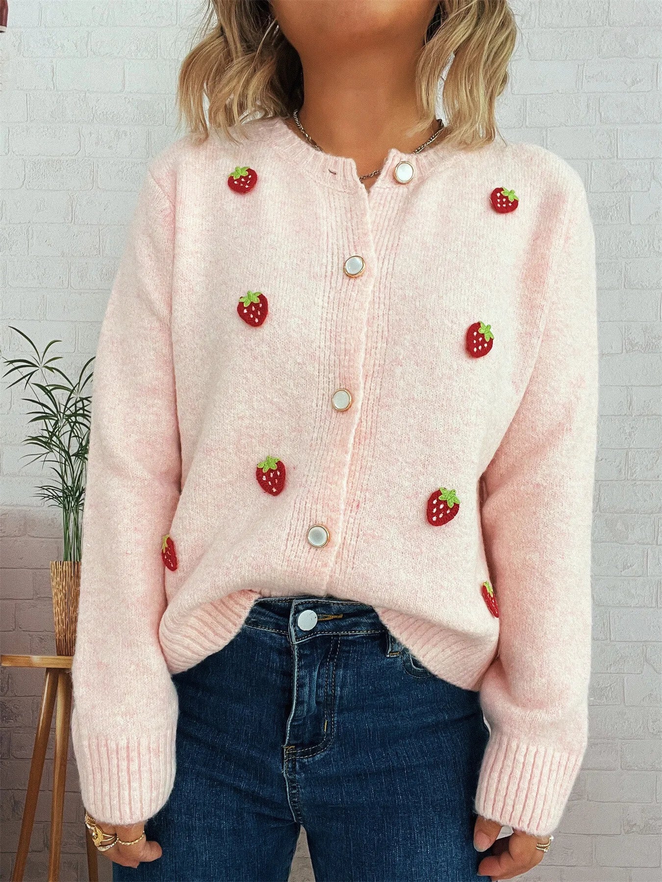 Strawberry Button Up Long Sleeve Cardigan