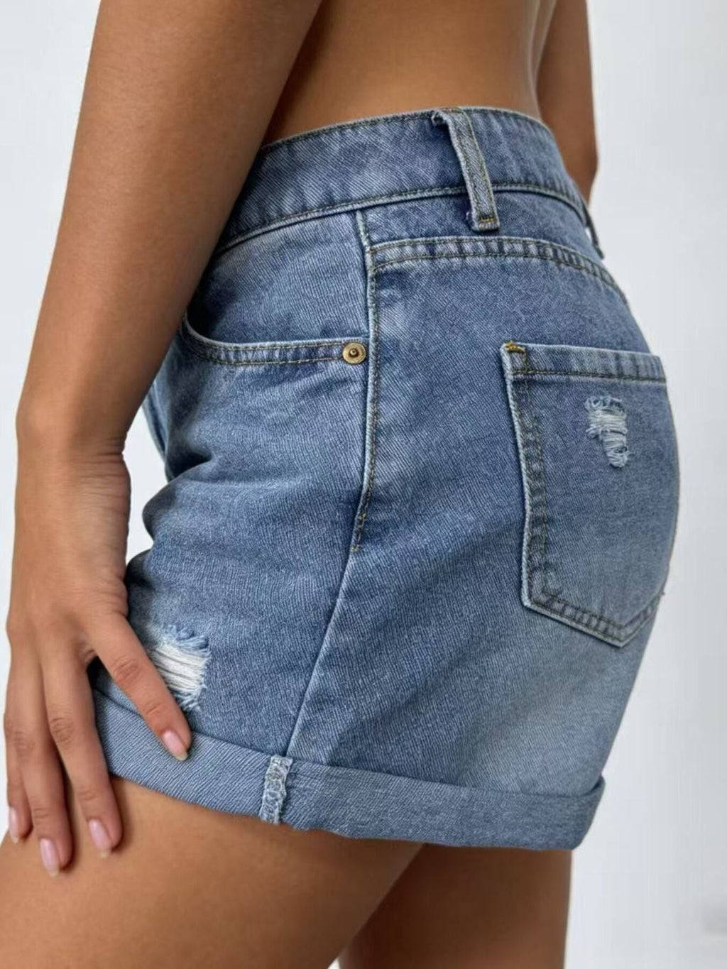 Ripped High-Waisted Denim Shorts