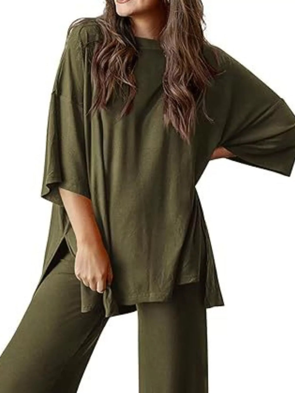 Relaxed Fit Round Neck Top and Pants Two-Piece Set