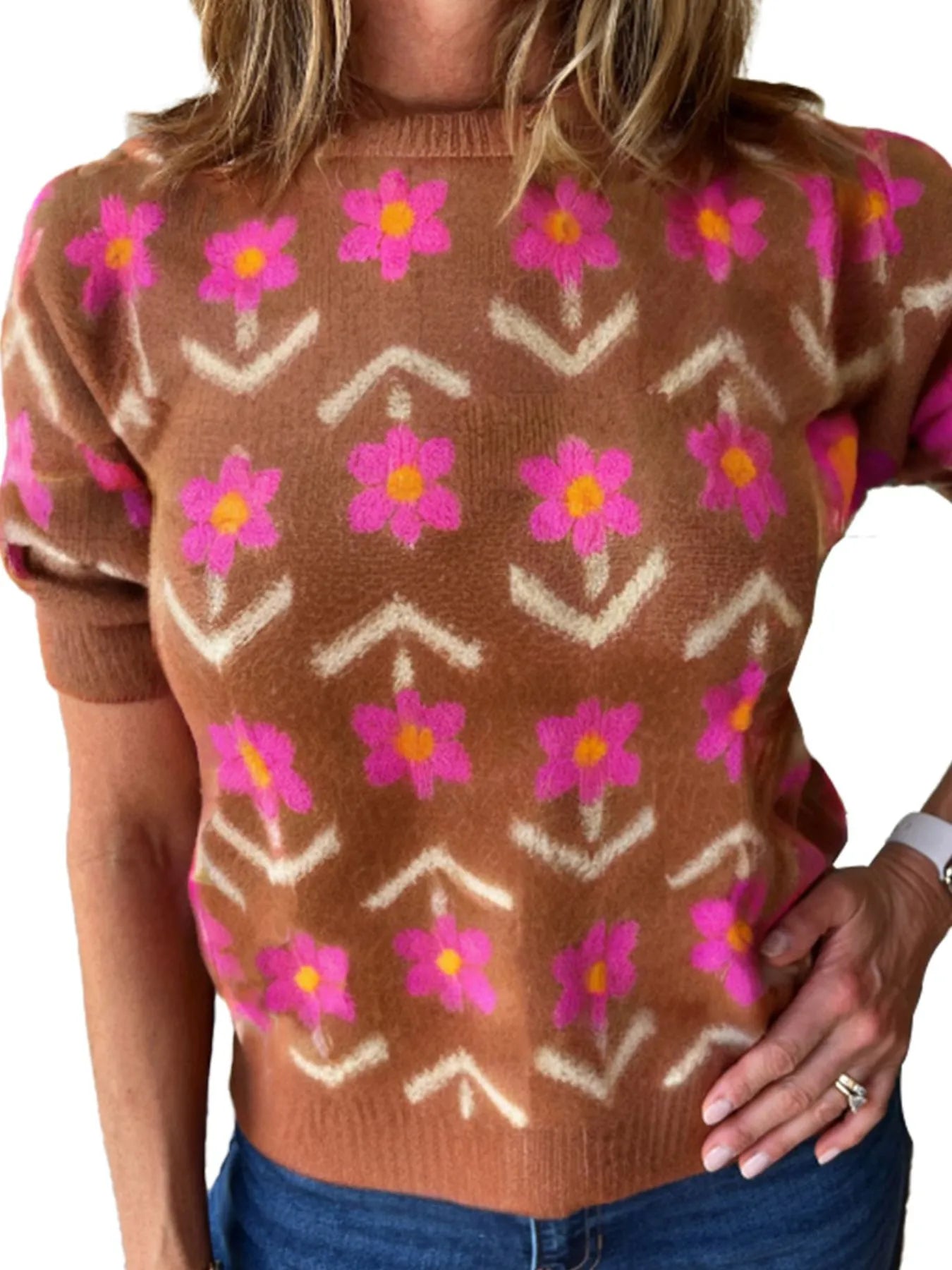 Floral Pattern Short Sleeve Sweater