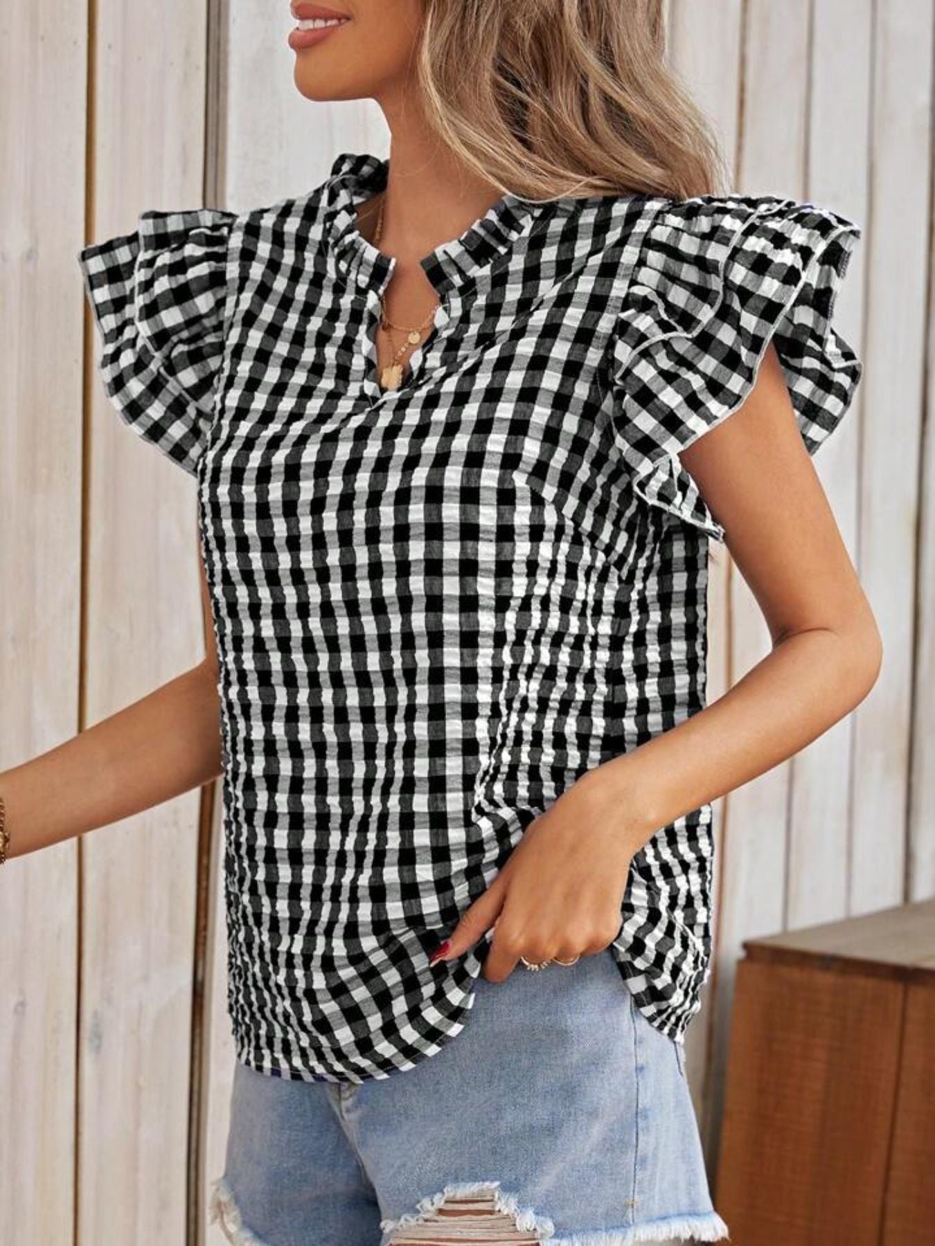 Gingham Ruffle Sleeve Blouse