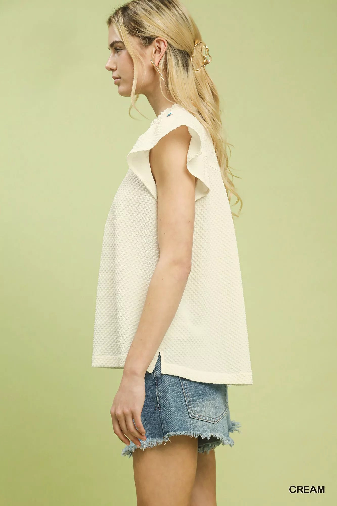 Umgee Embroidered Flutter Sleeve Blouse