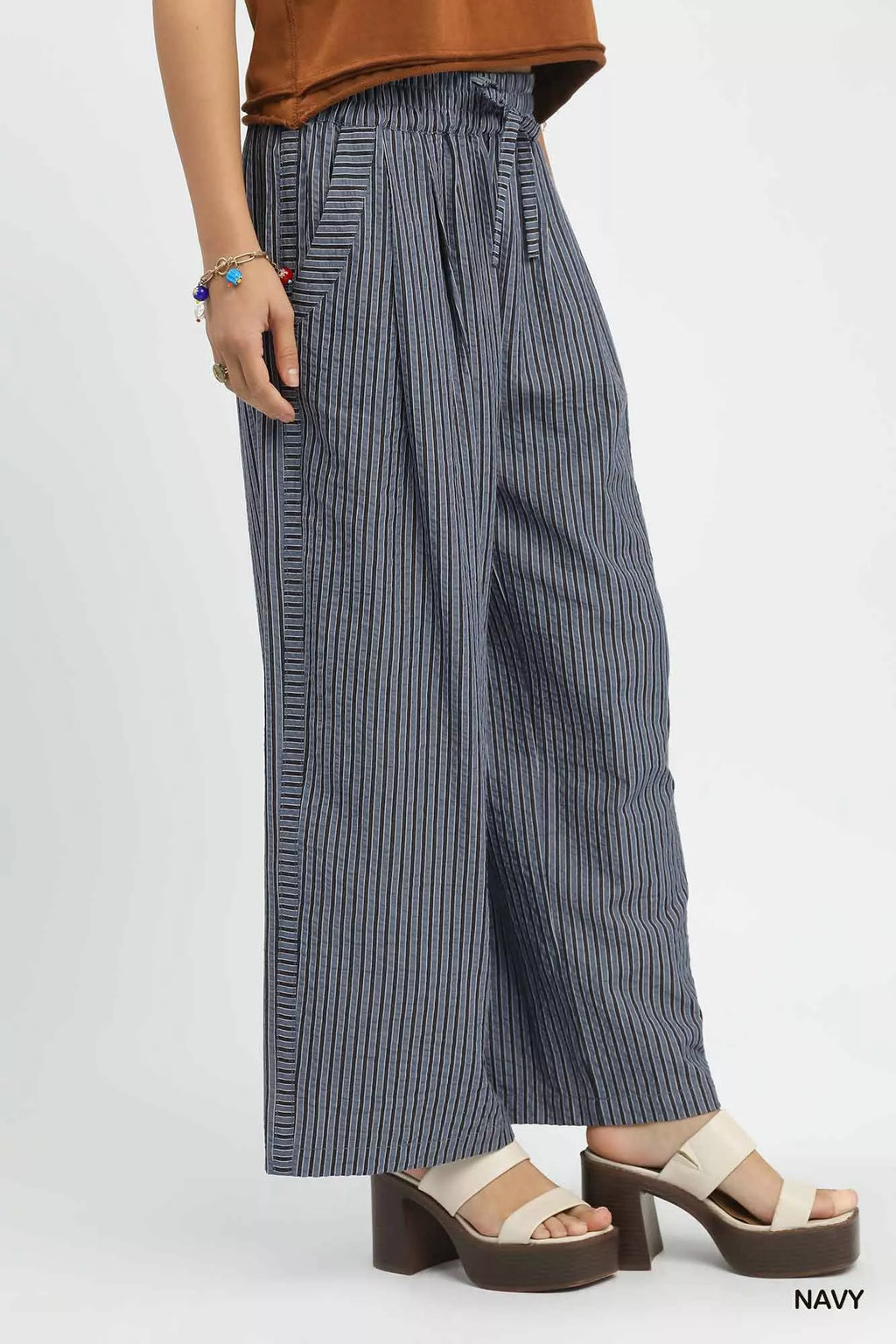 Umgee Drawstring Striped Wide-Leg Pants