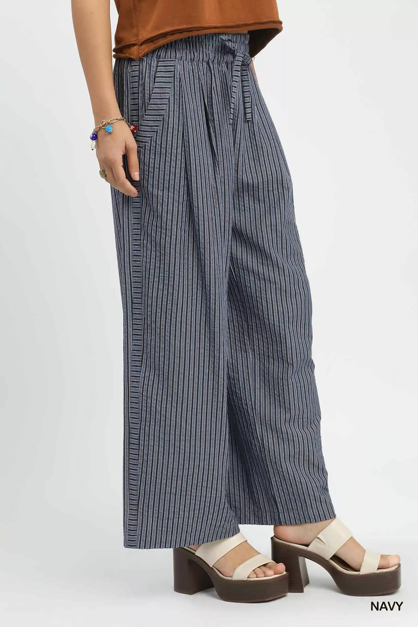 Umgee Drawstring Striped Wide-Leg Pants