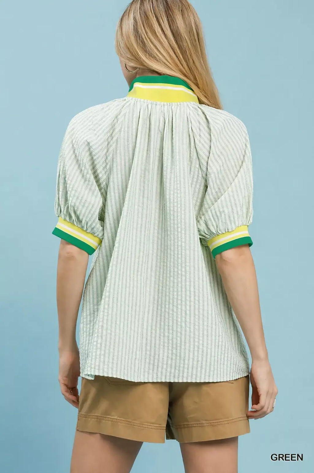 Umgee Botanical Print Puff Short Sleeve Blouse with Contrast Collar