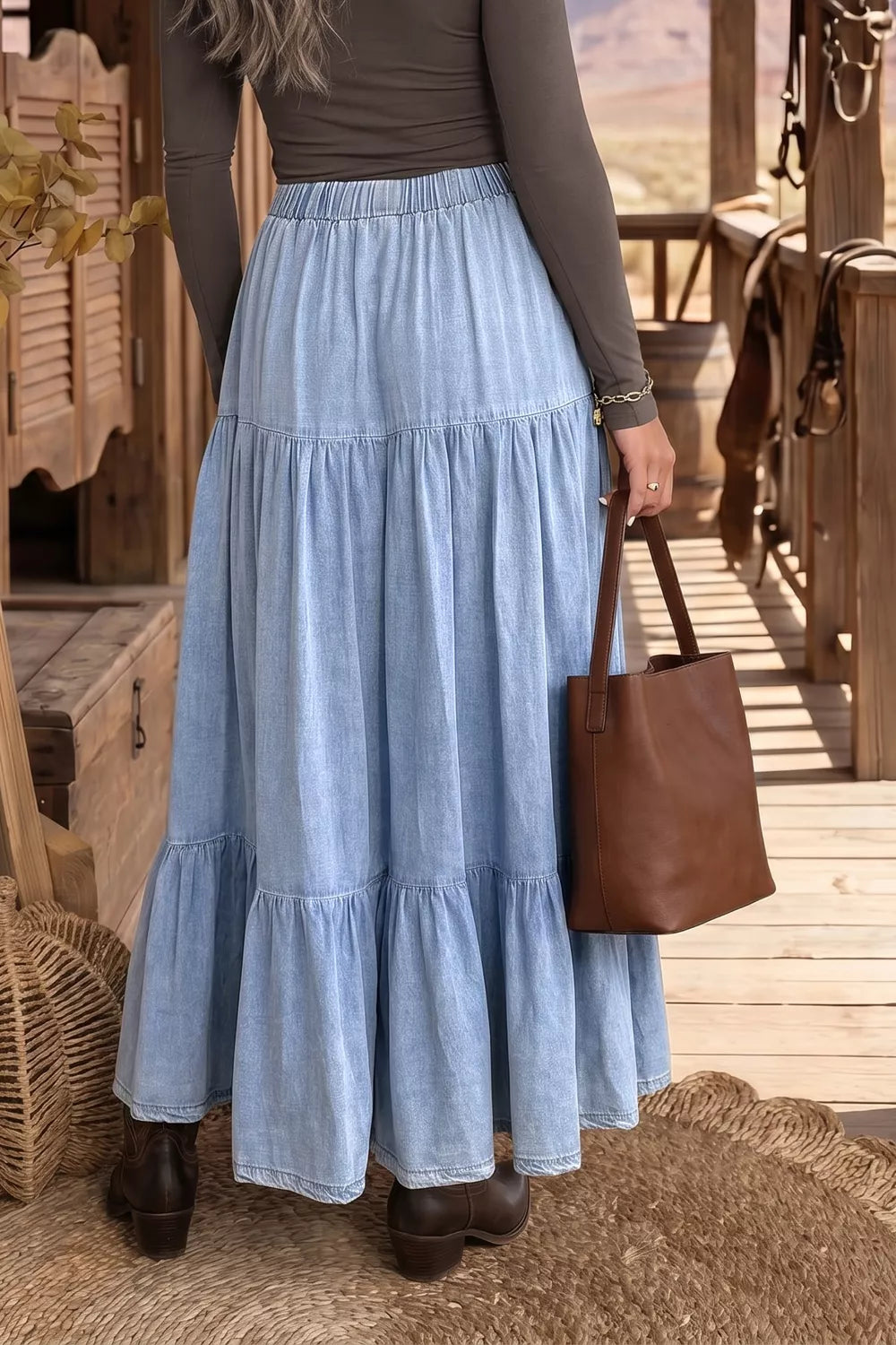 Elastic Waist Ruffled Tiered Flared Denim Maxi Skirt