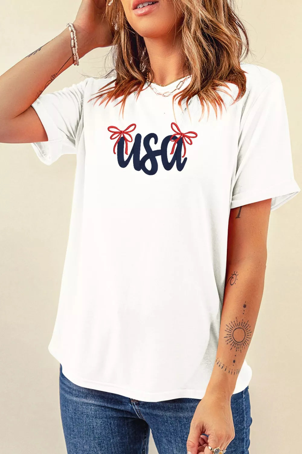 USA Lettering Bow Embroidered T Shirt
