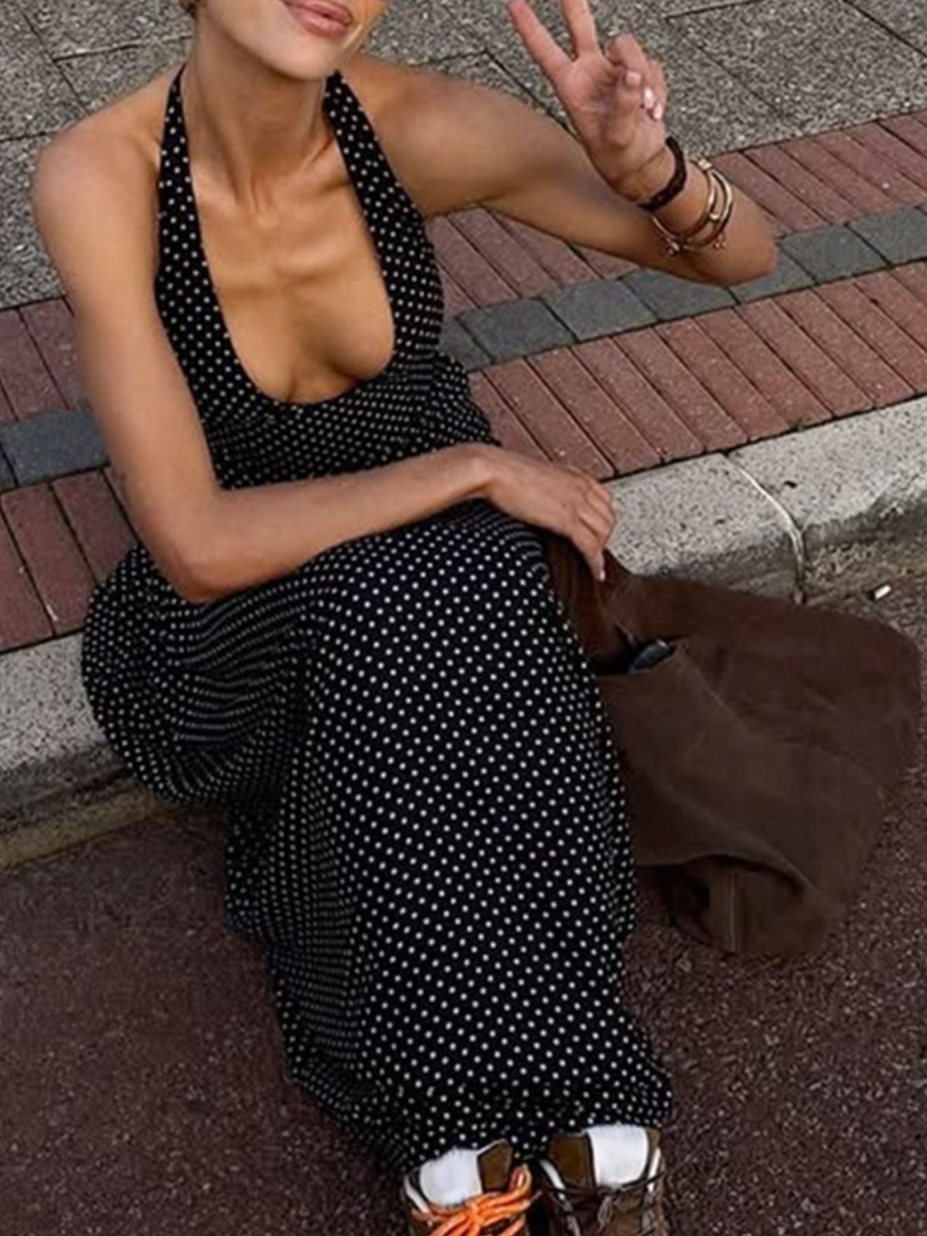 Polka Dot Halter Neck Maxi Dress