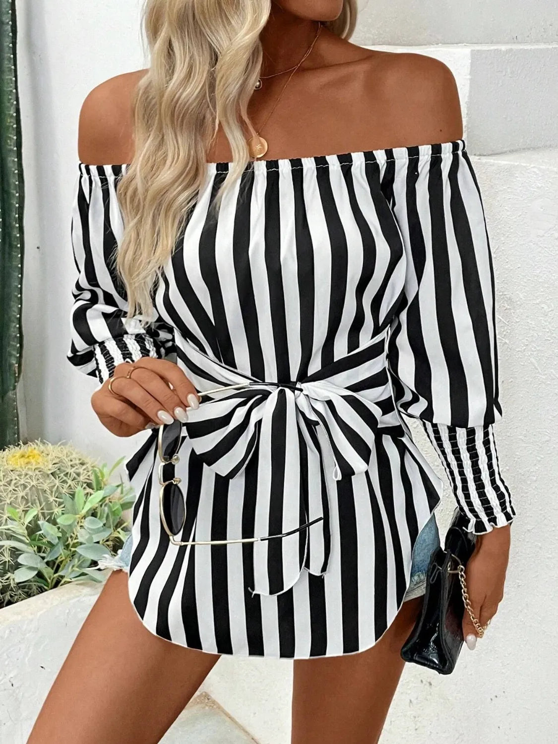 Striped Off-Shoulder Long Sleeve Blouse