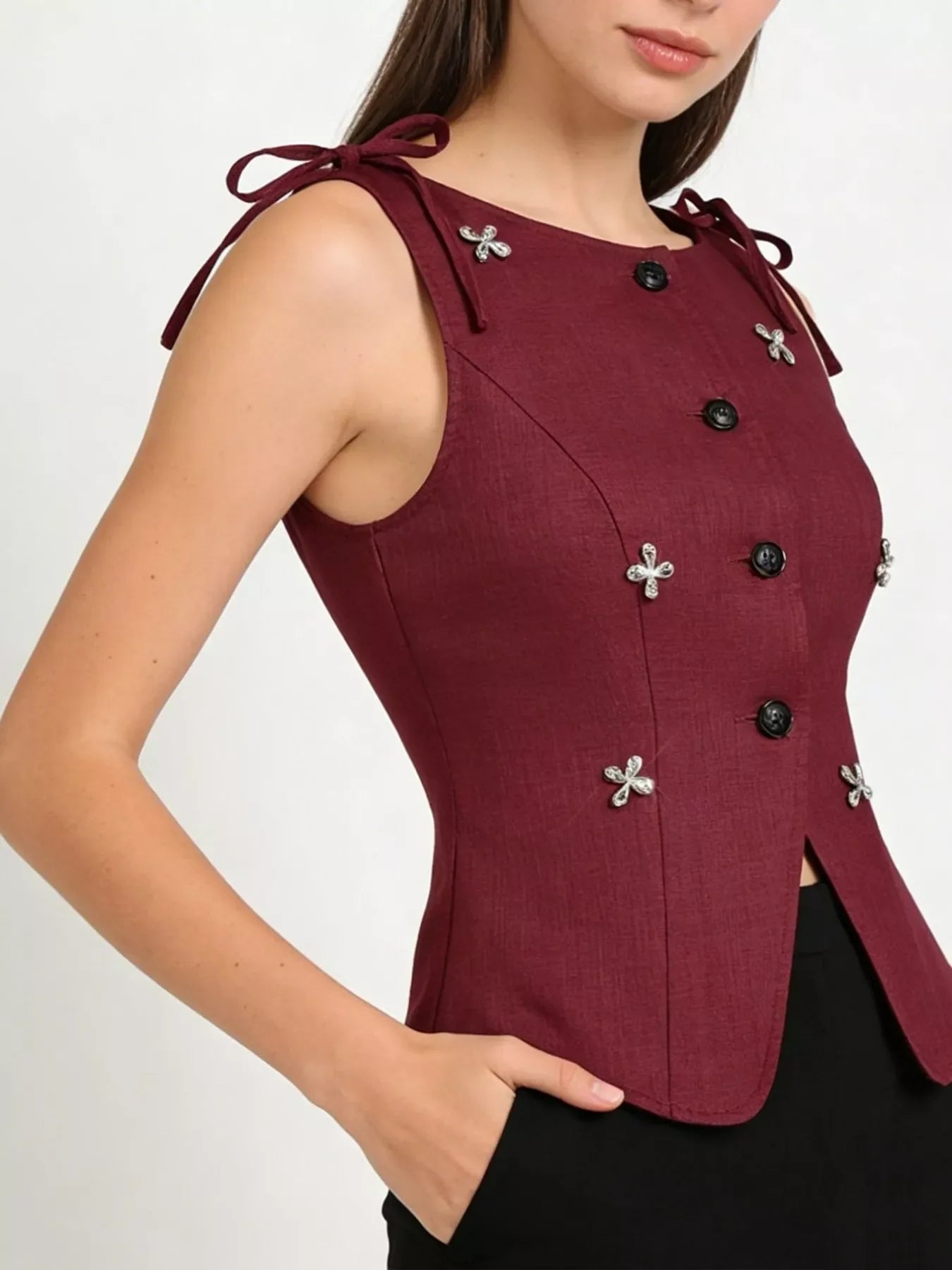 Button-Front Floral Decor Tie Shoulder Vest