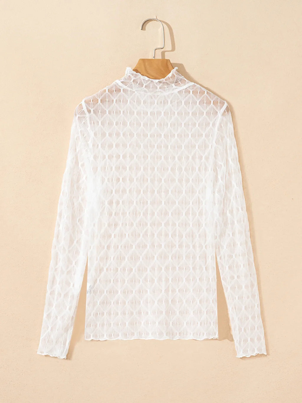 Sheer Mesh Patterned Lettuce Trim Slim Long Sleeve Top