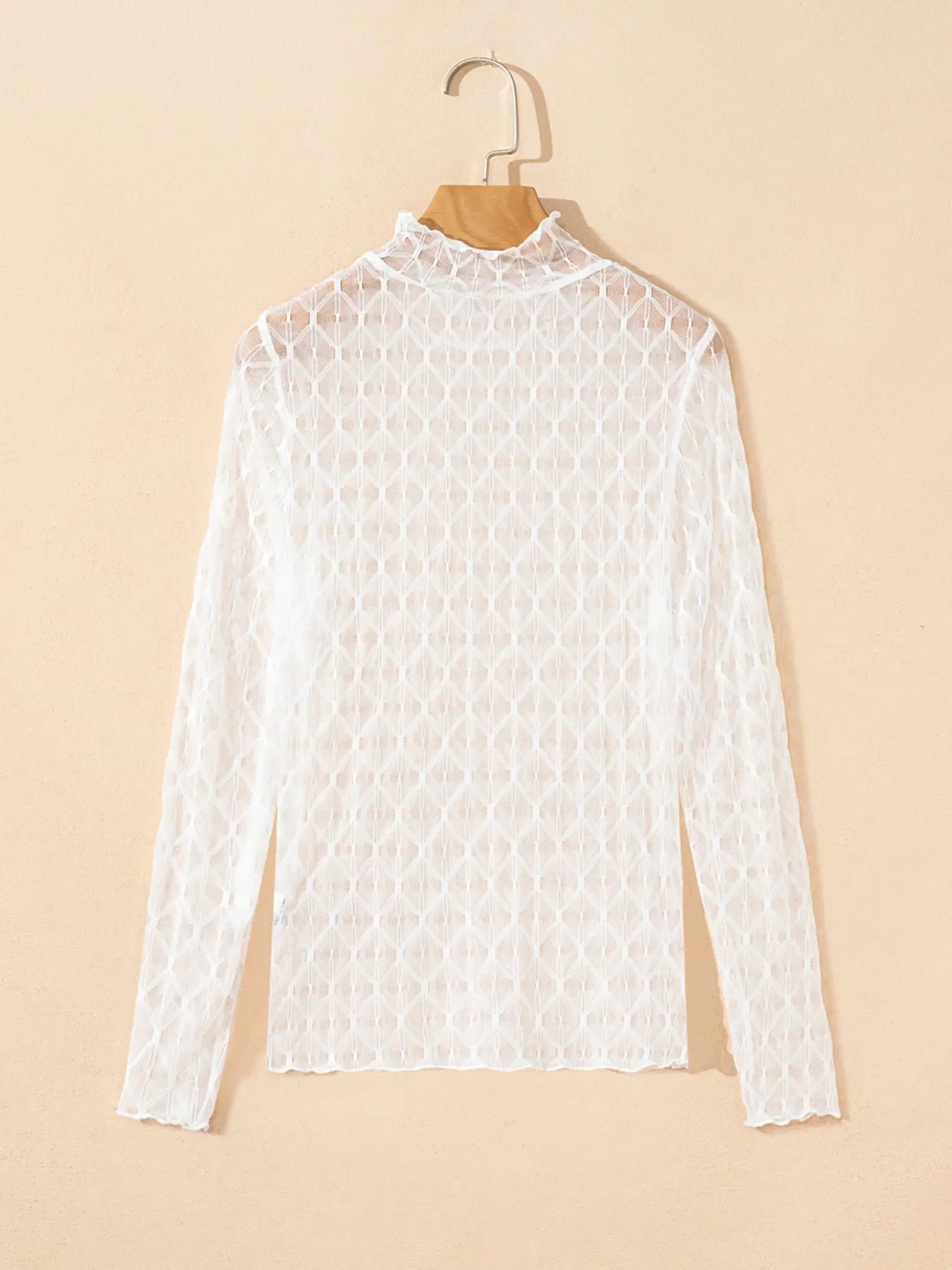 Sheer Mesh Patterned Lettuce Trim Slim Long Sleeve Top