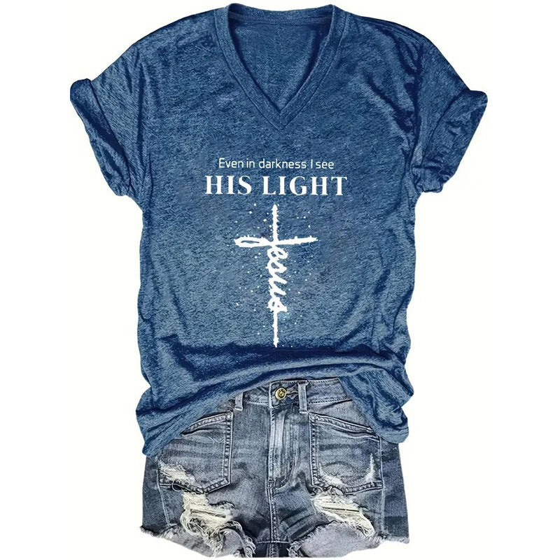 Women's V-Neck T-Shirt Geometric Cross Casual Summer Short Sleeve Top