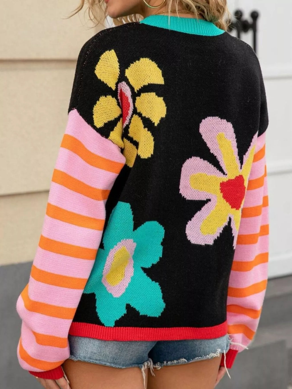 Floral Striped Crew Neck Sweater