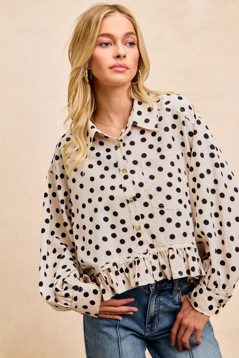 BiBi Crinkle Polka Dot Ruffled Hem Button Up Shirt Top