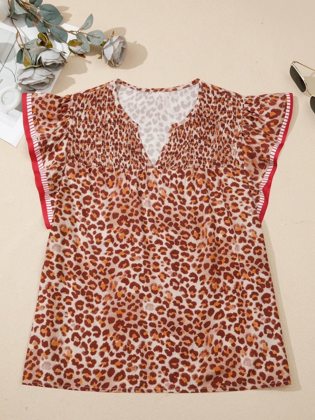 Leopard Print Smocked Notched Blouse