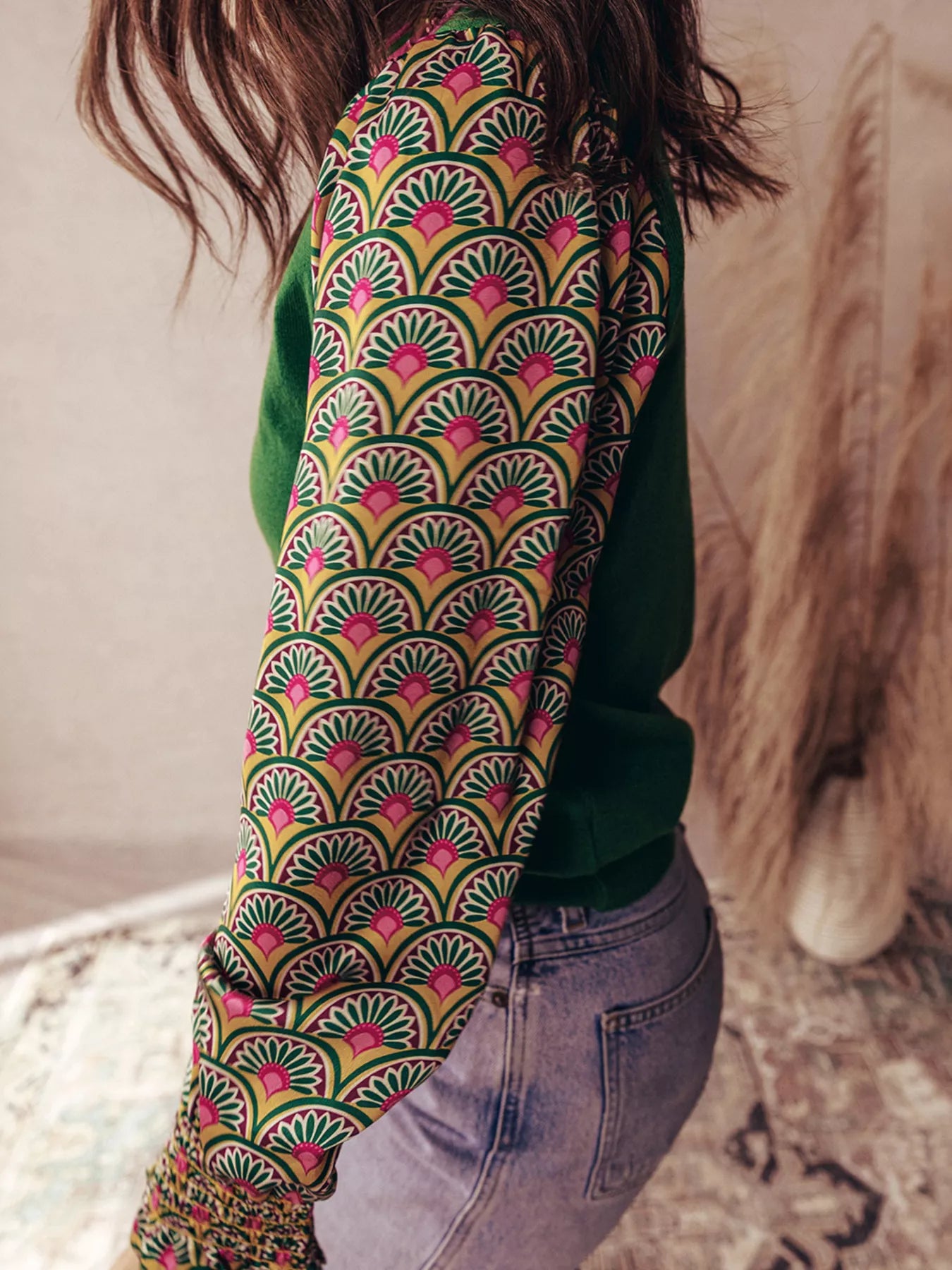 Floral Patchwork Shirred Cuff Puff Sleeve Knit Top