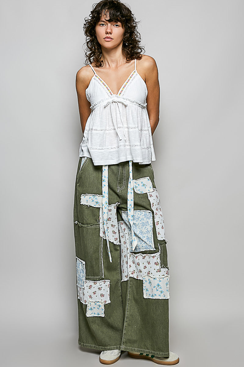 POL V-Neck Embroidered Trim Ruffled Cami