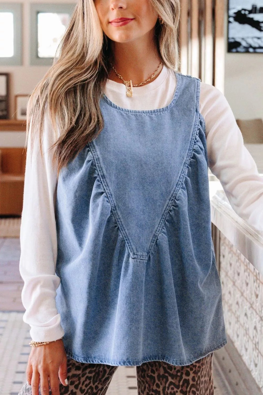Denim Pleated Patchwork Sleeveless Top